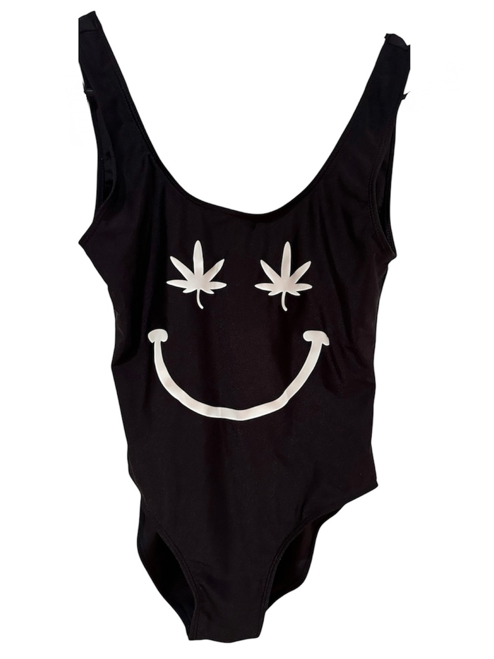 One-Piece Black Swimsuit with White Smile Graphic Size Small